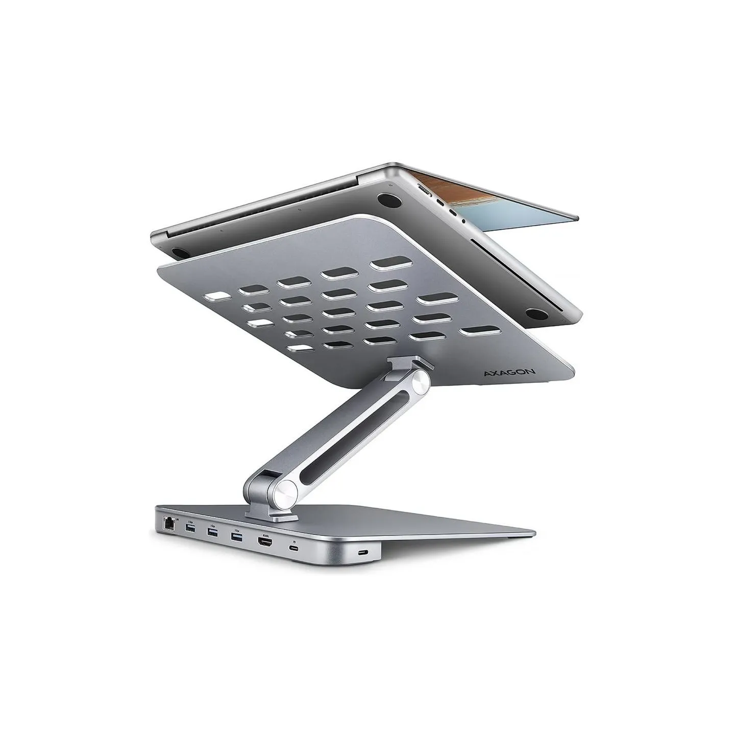Axagon HMC-STND ALU stand with HUB 5Gbps, for 10" - 16" laptops, adjustable, 3x USB-A, HDMI 4K/60Hz, GLAN, PD 100W, USB-C input