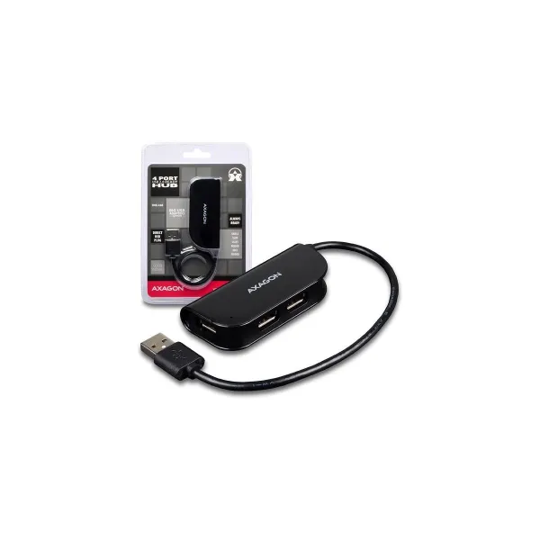 Axagon Handy four-port USB 2.0 hub with a permanently connected USB cable. Black.