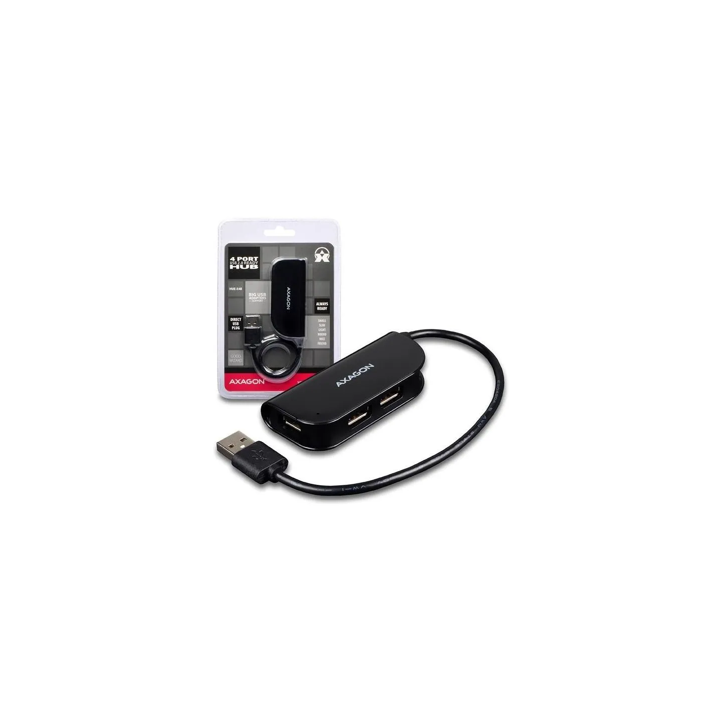 Axagon Handy four-port USB 2.0 hub with a permanently connected USB cable. Black.
