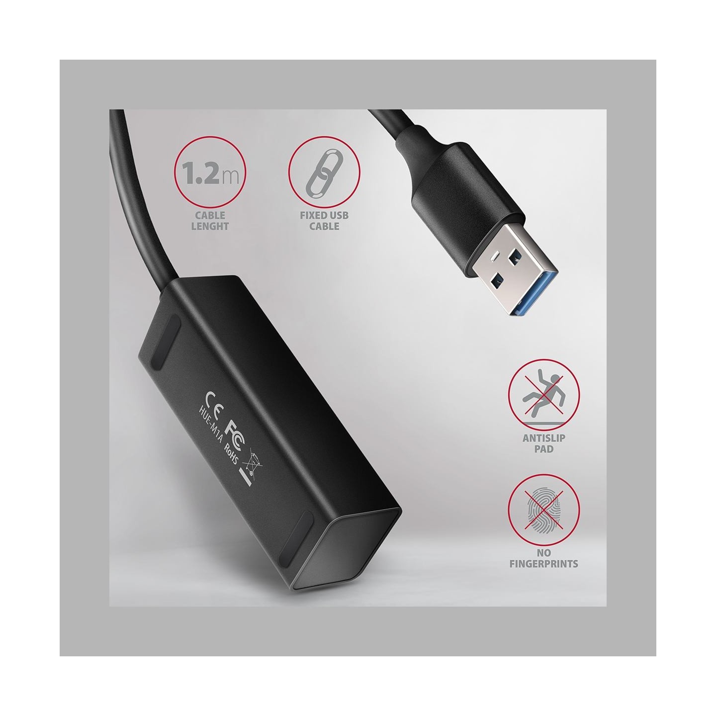 Axagon HUE-M1AL 4x USB 3.2 Gen 1 MINI hub, metal, 1.2m USB-A cable