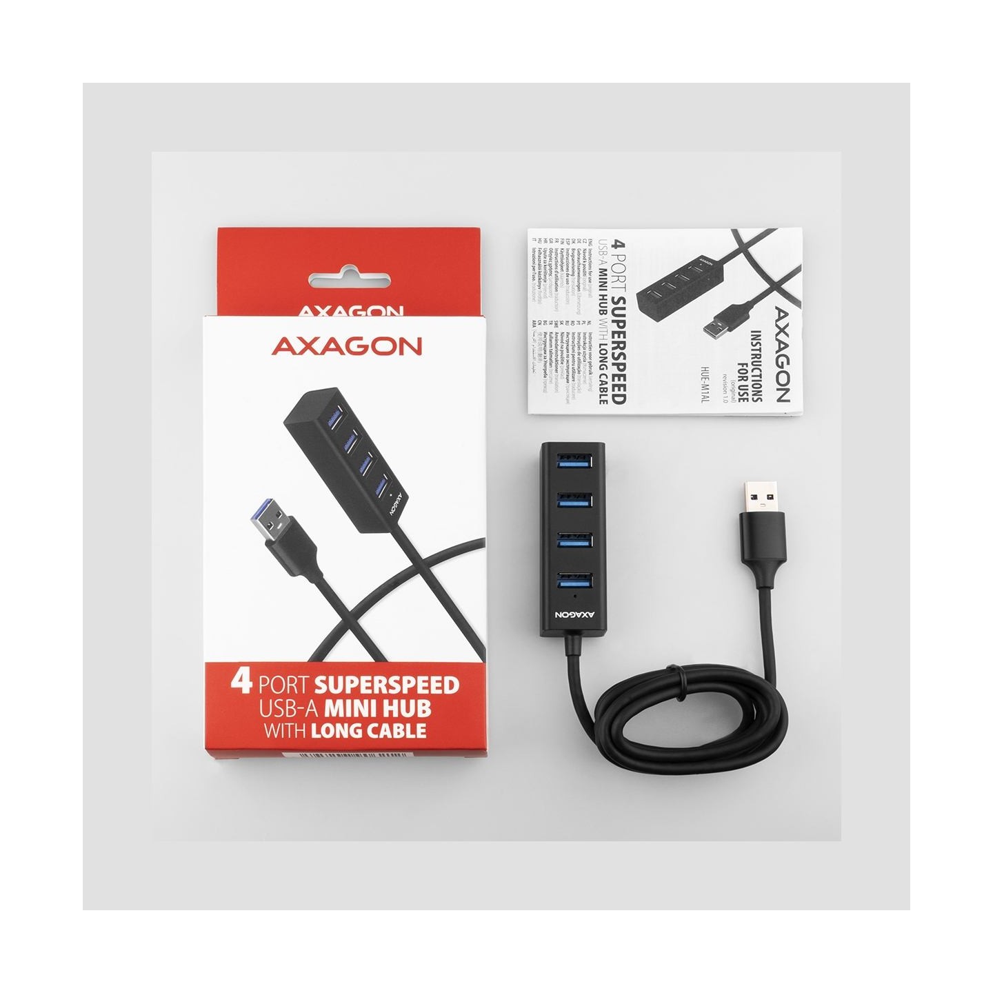 Axagon HUE-M1AL 4x USB 3.2 Gen 1 MINI hub, metal, 1.2m USB-A cable