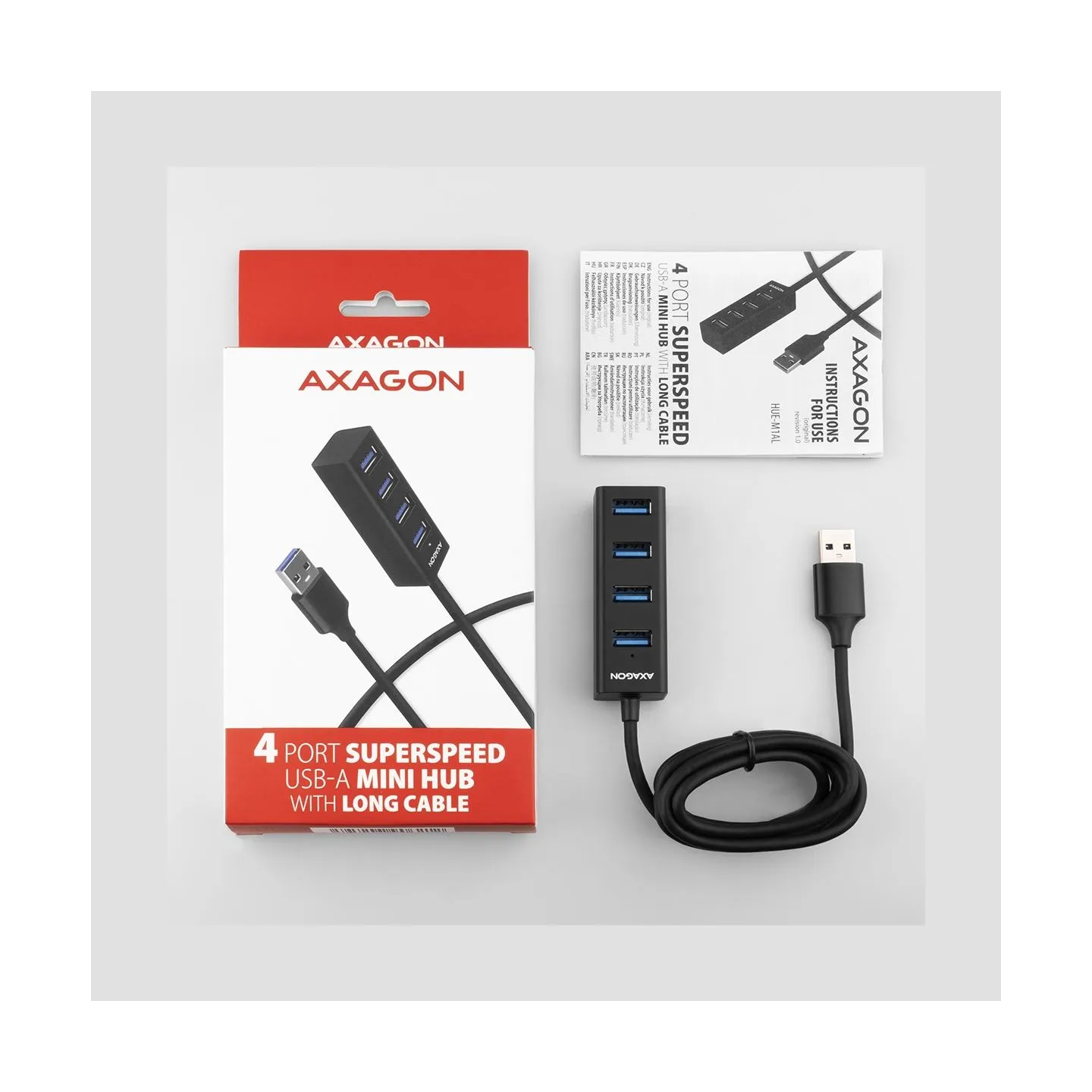 Axagon HUE-M1AL 4x USB 3.2 Gen 1 MINI hub, metal, 1.2m USB-A cable