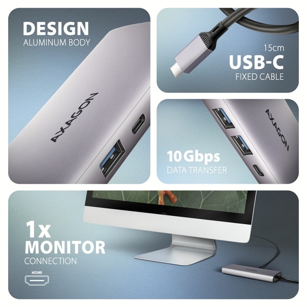 Axagon HMC-6G2L 2x USB-A 10Gbps, 1x USB-C 10Gbps, 4K/60Hz HDMI, RJ-45, USB 3.2 Gen 2 hub, PD 100W, 15cm USB-C cable