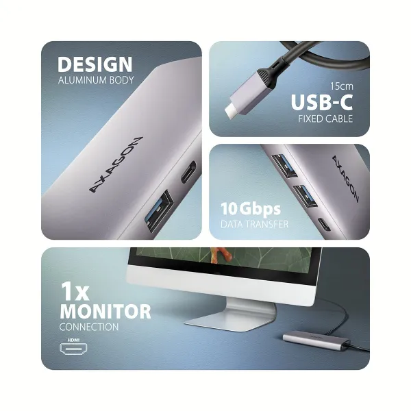 Axagon HMC-6L2L 2xUSB-A HDMI4K 1x USB-C PD100W USBC LA