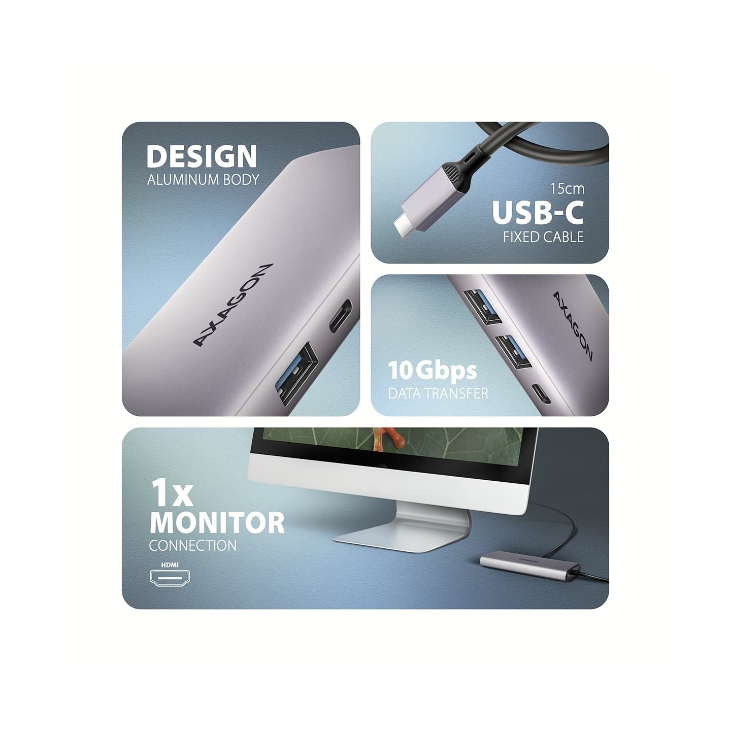 Axagon HMC-6G2L 2x USB-A 10Gbps, 1x USB-C 10Gbps, 4K/60Hz HDMI, RJ-45, USB 3.2 Gen 2 hub, PD 100W, 15cm USB-C cable
