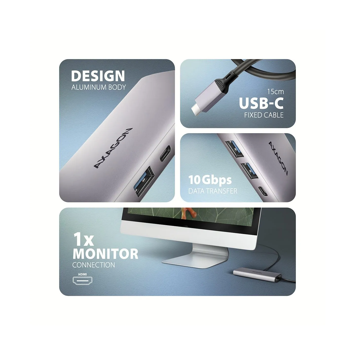 Axagon HMC-6G2L 2x USB-A 10Gbps, 1x USB-C 10Gbps, 4K/60Hz HDMI, RJ-45, USB 3.2 Gen 2 hub, PD 100W, 15cm USB-C cable