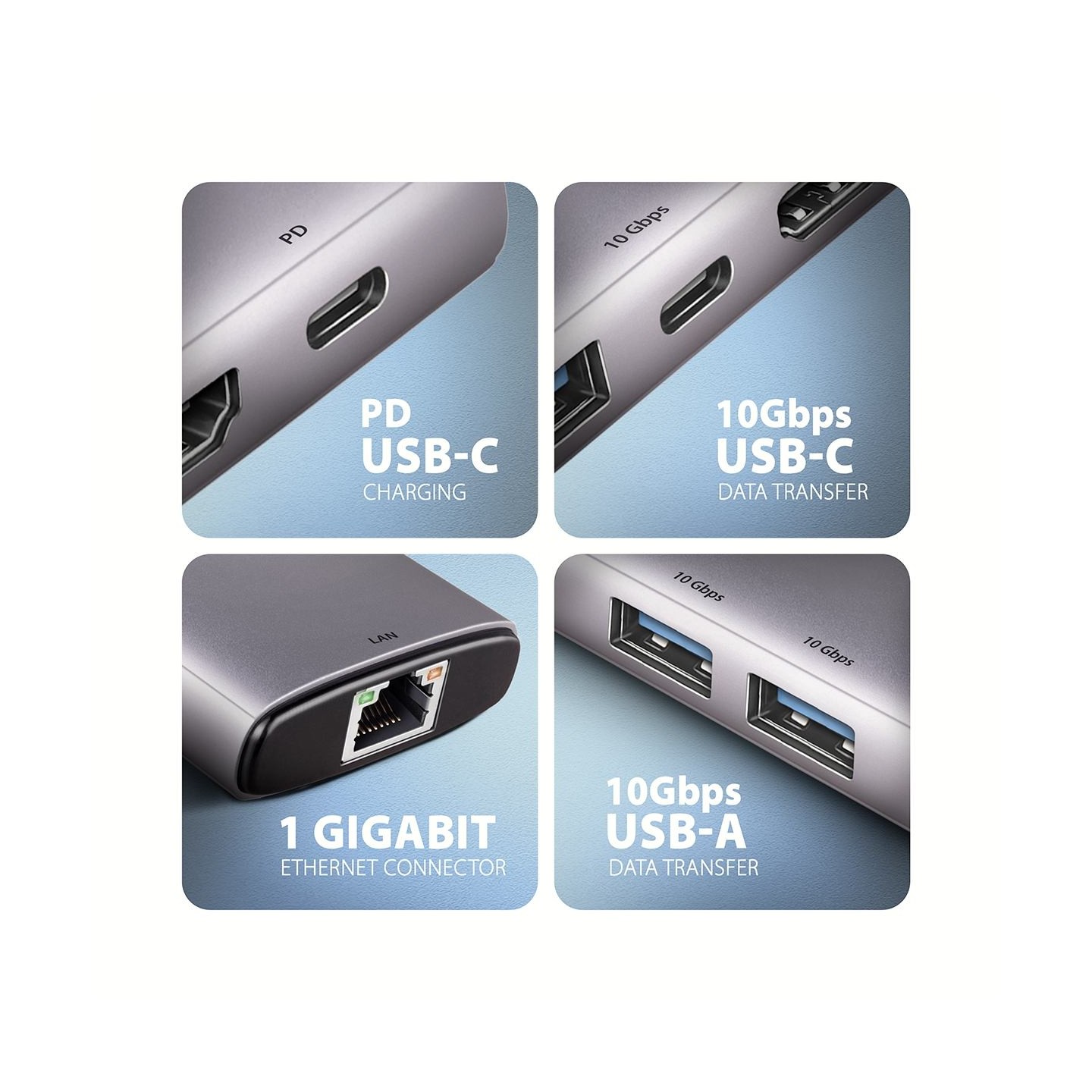 Axagon HMC-6G2L 2x USB-A 10Gbps, 1x USB-C 10Gbps, 4K/60Hz HDMI, RJ-45, USB 3.2 Gen 2 hub, PD 100W, 15cm USB-C cable