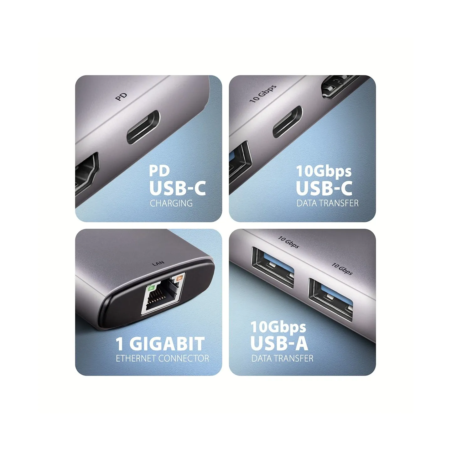 Axagon HMC-6G2L 2x USB-A 10Gbps, 1x USB-C 10Gbps, 4K/60Hz HDMI, RJ-45, USB 3.2 Gen 2 hub, PD 100W, 15cm USB-C cable