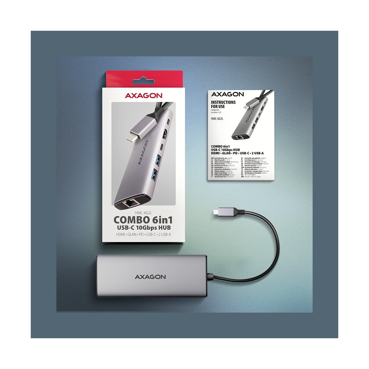 Axagon HMC-6G2L 2x USB-A 10Gbps, 1x USB-C 10Gbps, 4K/60Hz HDMI, RJ-45, USB 3.2 Gen 2 hub, PD 100W, 15cm USB-C cable