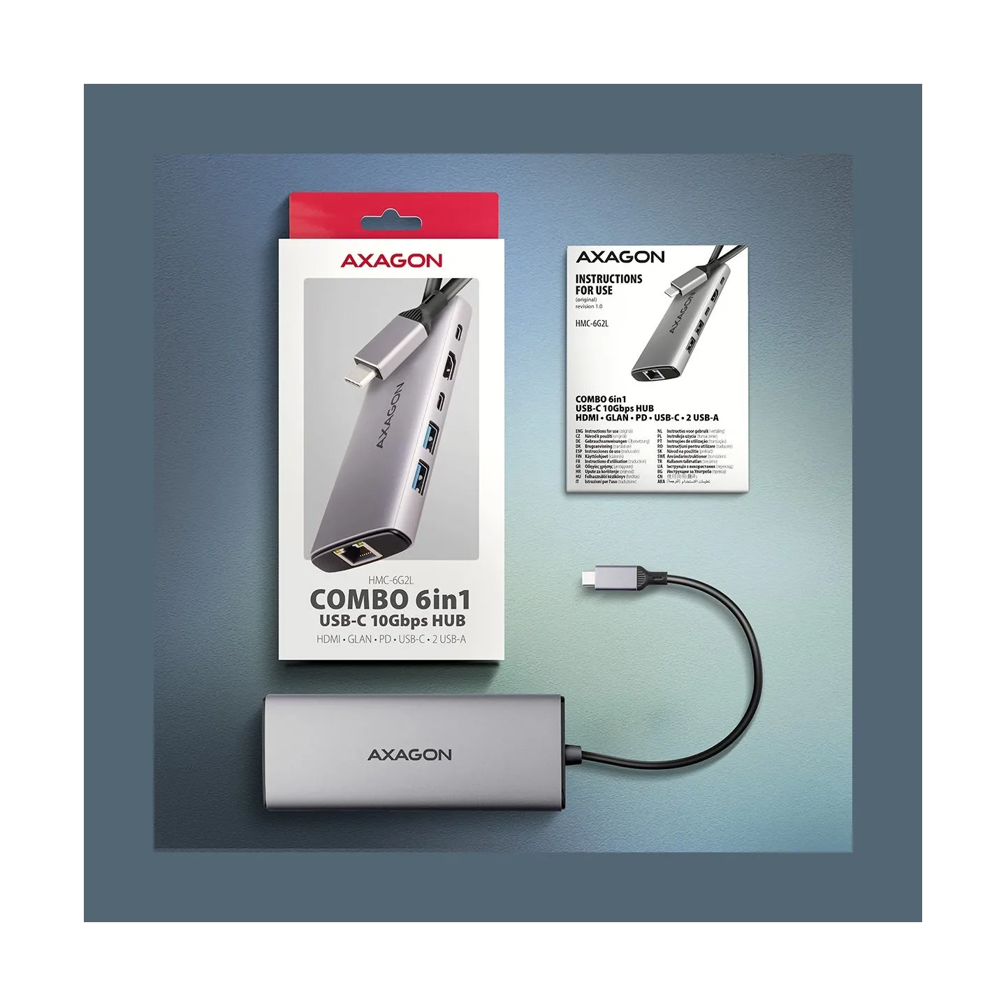 Axagon HMC-6G2L 2x USB-A 10Gbps, 1x USB-C 10Gbps, 4K/60Hz HDMI, RJ-45, USB 3.2 Gen 2 hub, PD 100W, 15cm USB-C cable