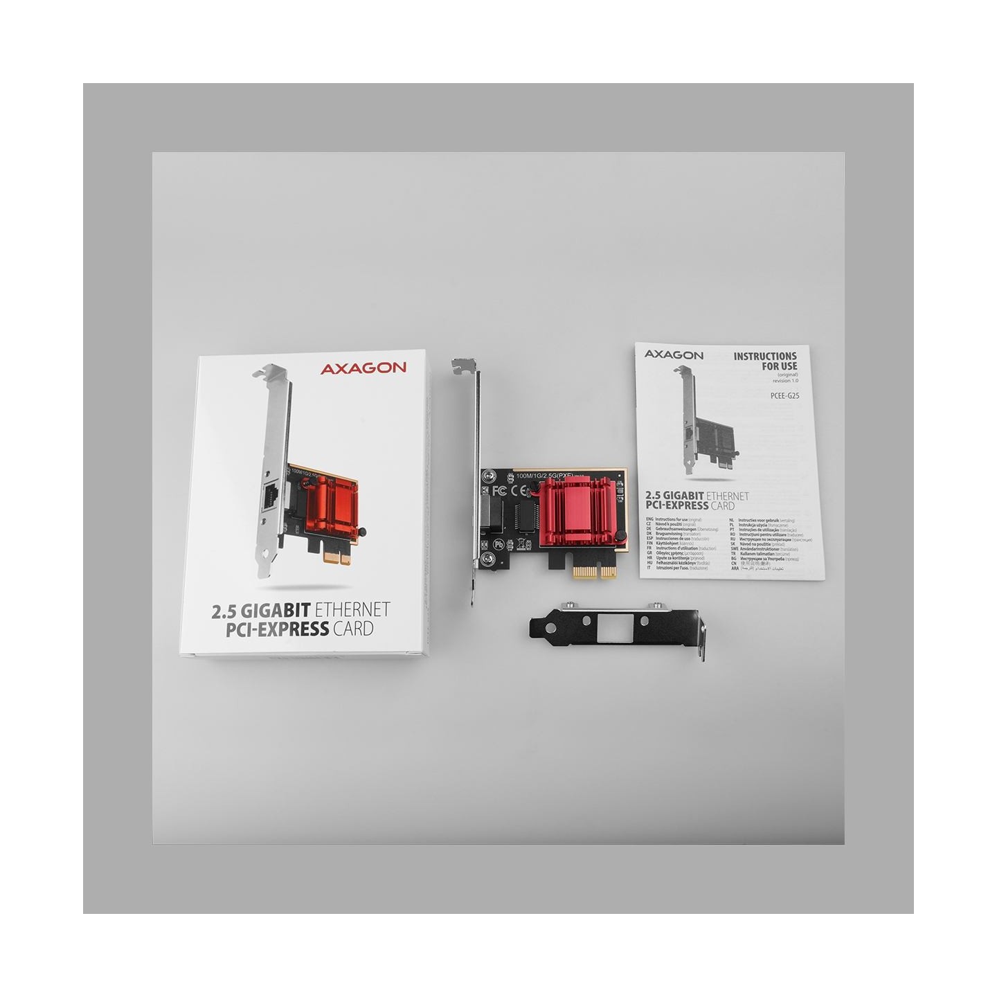 Axagon PCI-Express network card with 2.5 Gbit/s transmission rate and PXE support.