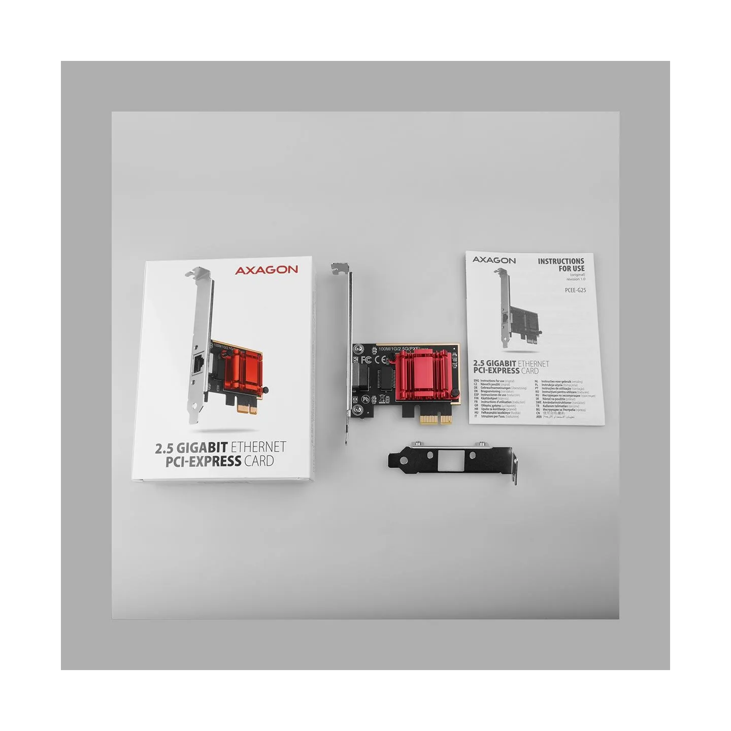Axagon PCI-Express network card with 2.5 Gbit/s transmission rate and PXE support.