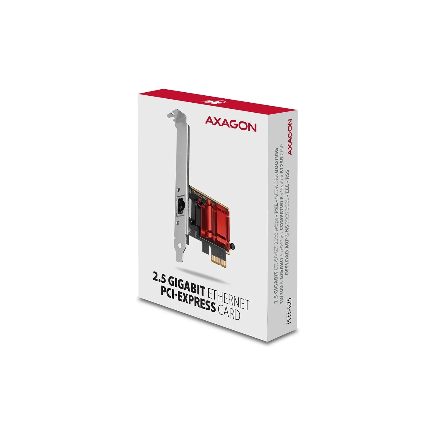 Axagon PCI-Express network card with 2.5 Gbit/s transmission rate and PXE support.