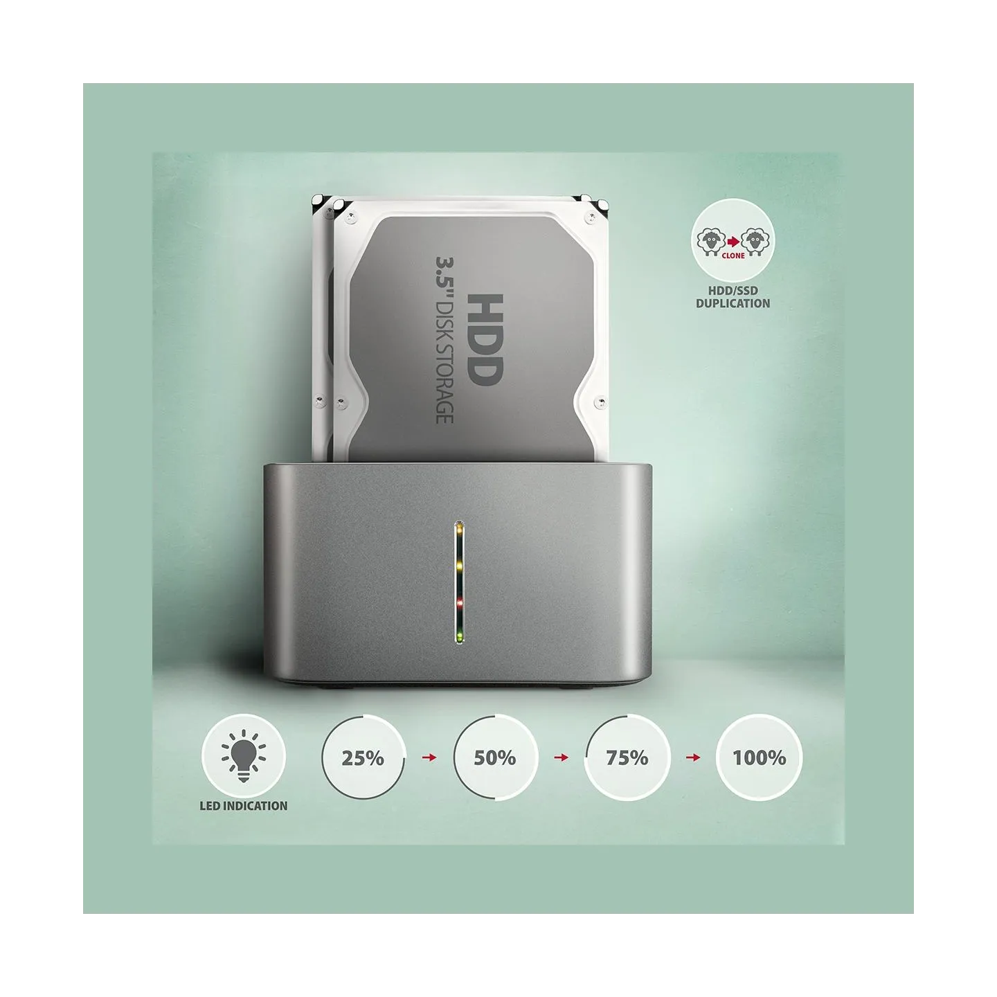Axagon ADSA-DC USB3.2 Gen1 - 2x SATA 6G CLONE DUAL HDD Dock Station ASMedia