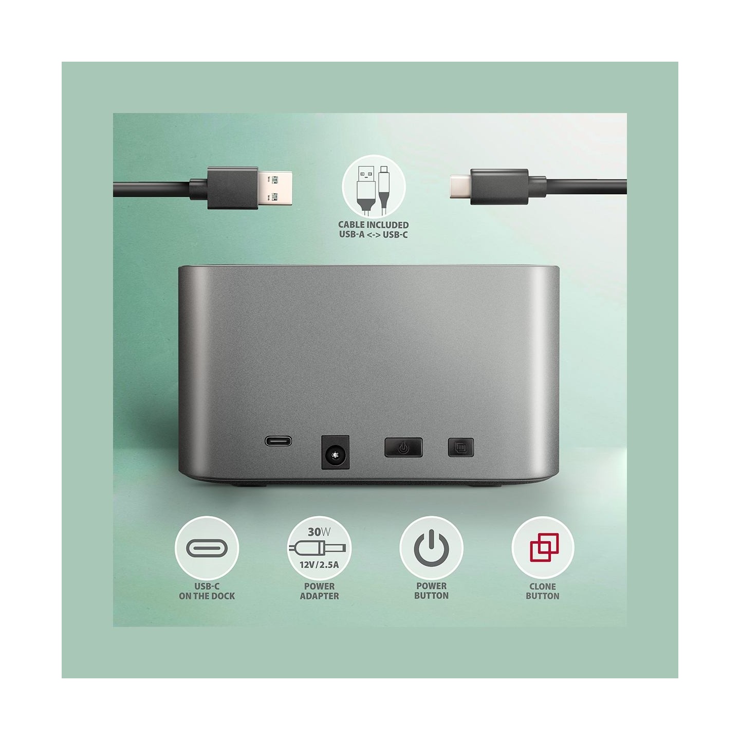 Axagon ADSA-DC USB3.2 Gen1 - 2x SATA 6G CLONE DUAL HDD Dock Station ASMedia