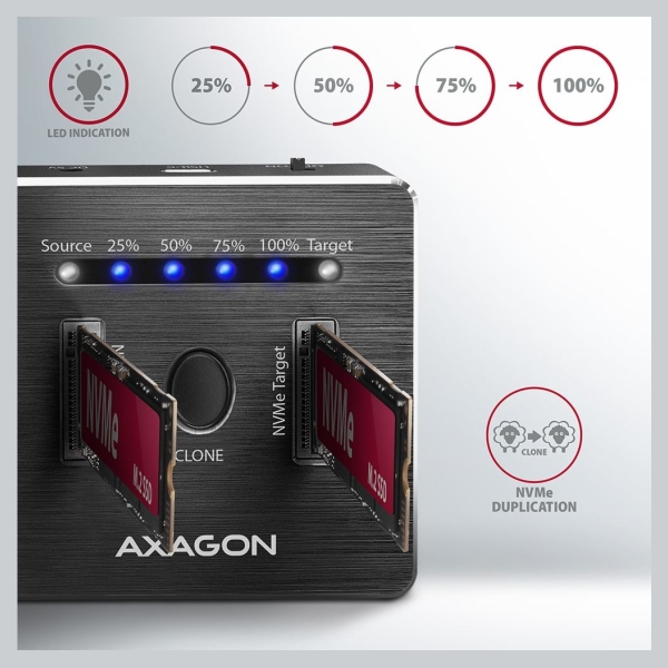Axagon Docking Station ADSA-M2C, USB-C 3.2 Gen 2 - 2x M.2 NVMe SSD CLONE MASTER