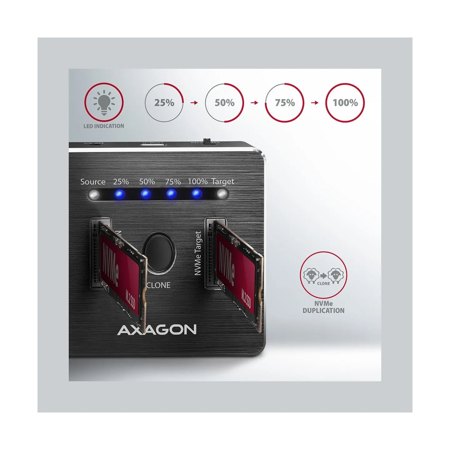 Axagon ADSA-M2C DUAL NVMe CLONE MASTER DOCK SuperSpeed USB-C 10 Gbps docking station