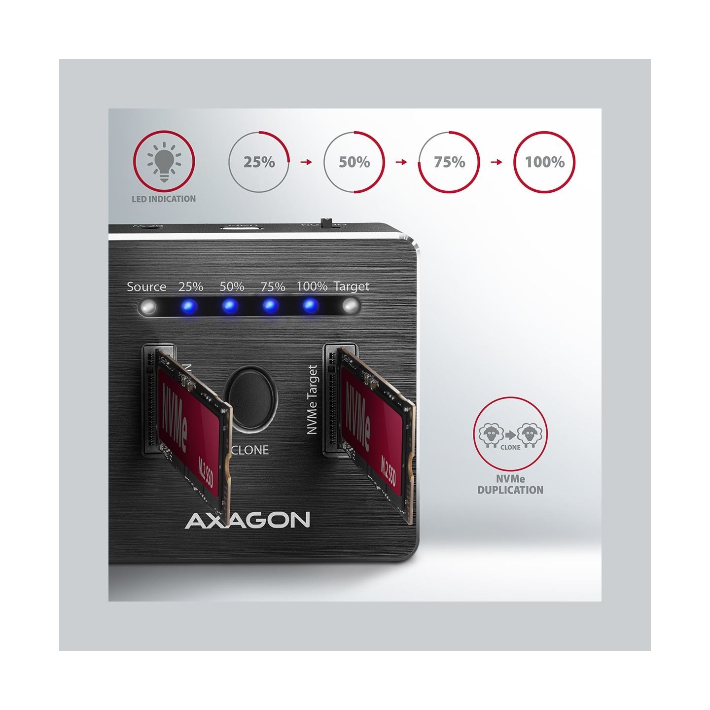 Axagon Docking Station ADSA-M2C, USB-C 3.2 Gen 2 - 2x M.2 NVMe SSD CLONE MASTER