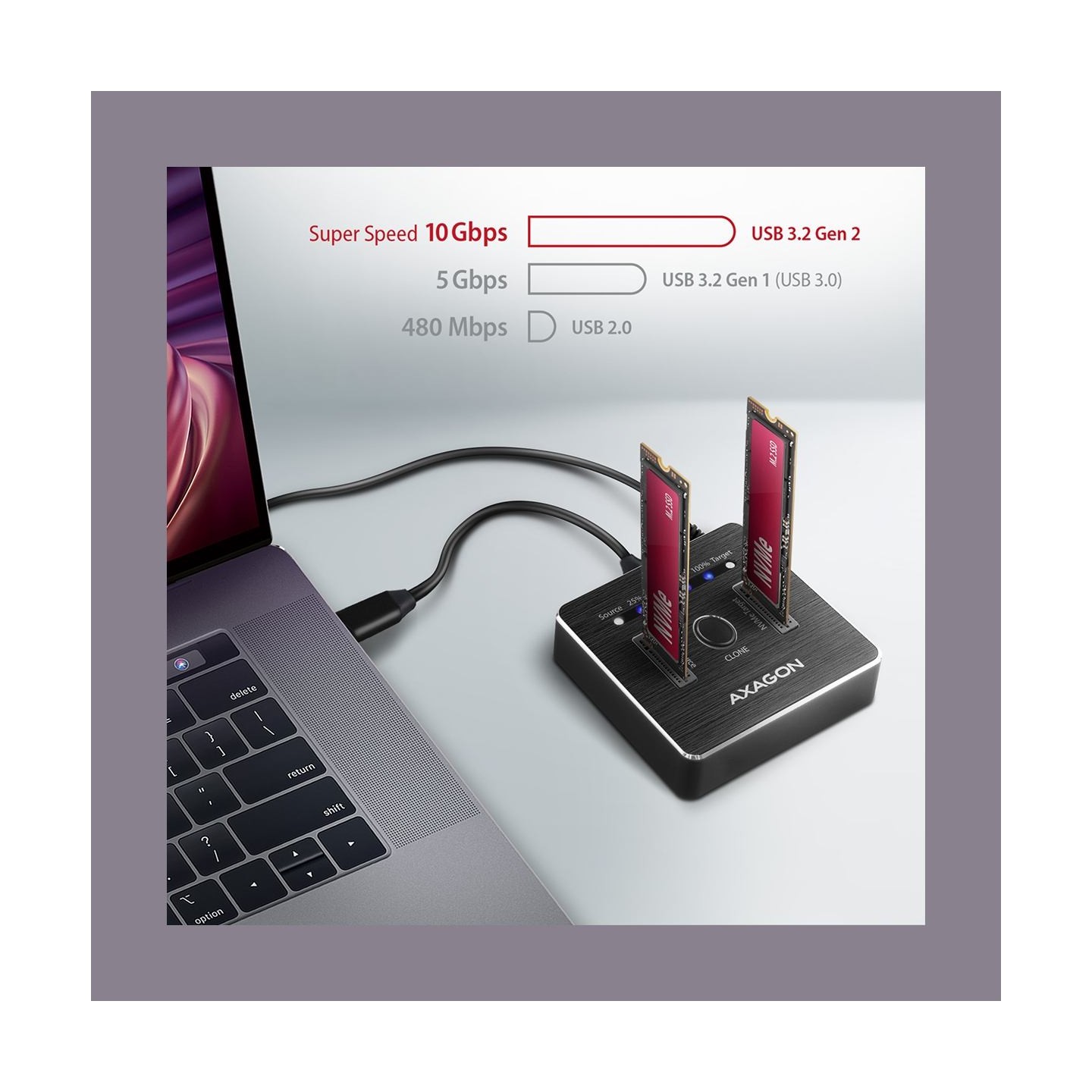 Axagon Docking Station ADSA-M2C, USB-C 3.2 Gen 2 - 2x M.2 NVMe SSD CLONE MASTER