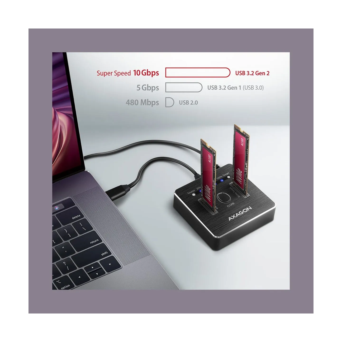Axagon Docking Station ADSA-M2C, USB-C 3.2 Gen 2 - 2x M.2 NVMe SSD CLONE MASTER