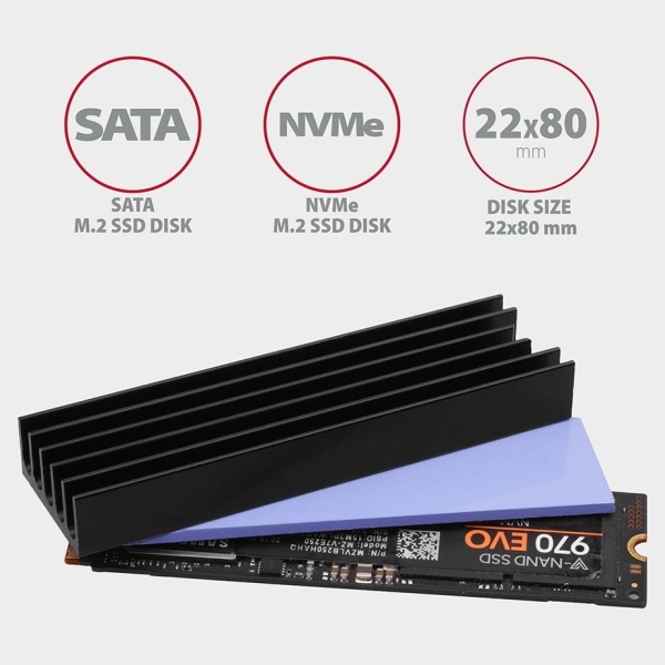 Axagon CLR-M2L10 passive - M.2 SSD, 80mm SSD, ALU body, silicone thermal pads, height 10mm