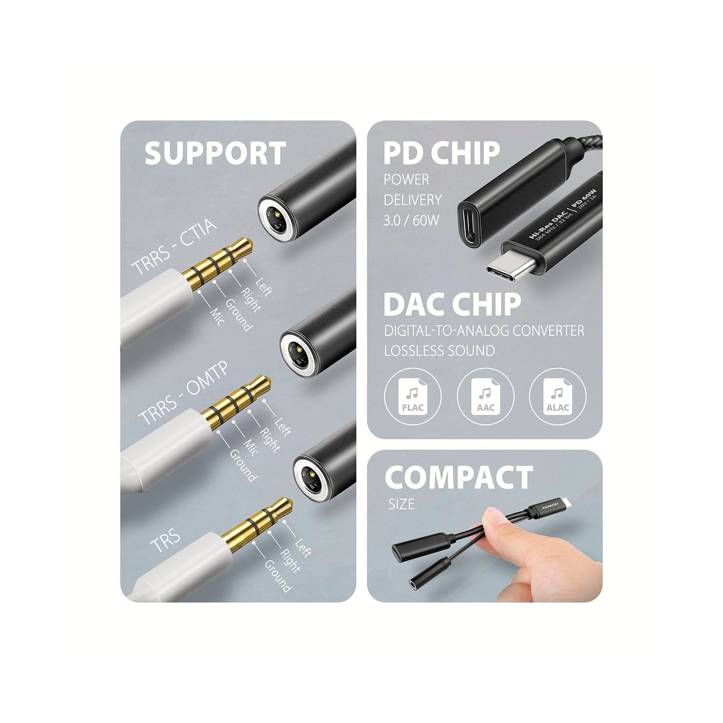 Axagon ADA-HCPD USB-C to 3.5mm jack - Hi-Res DAC audio adapter, 384kHz/32bit, PD 60W 3A