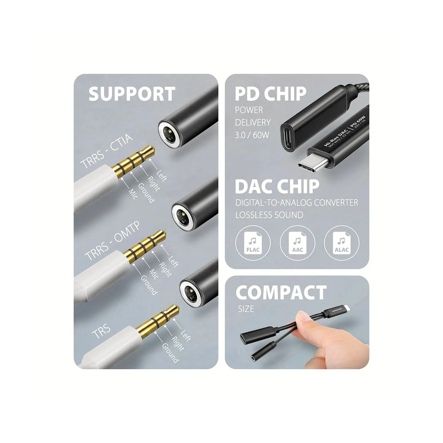 Axagon ADA-HCPD USB-C to 3.5mm jack - Hi-Res DAC audio adapter, 384kHz/32bit, PD 60W 3A