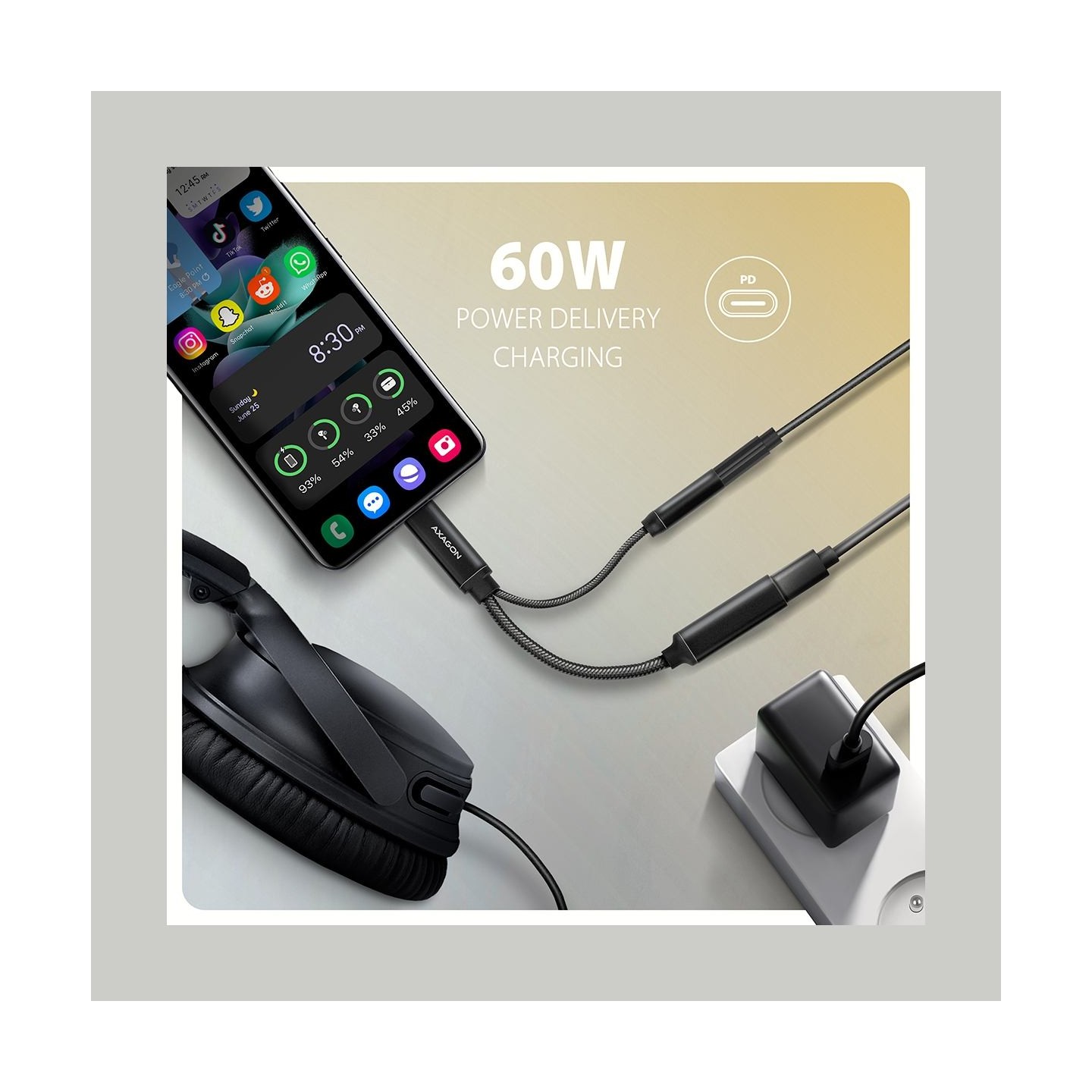 Axagon ADA-HCPD USB-C to 3.5mm jack - Hi-Res DAC audio adapter, 384kHz/32bit, PD 60W 3A