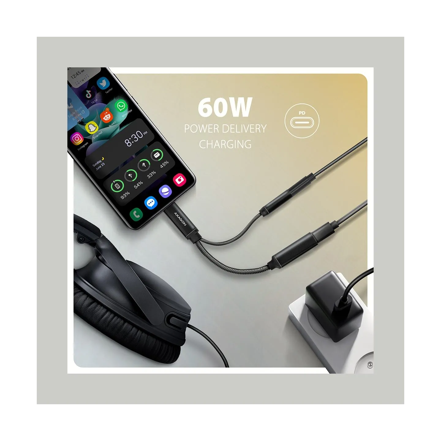 Axagon ADA-HCPD USB-C to 3.5mm jack - Hi-Res DAC audio adapter, 384kHz/32bit, PD 60W 3A