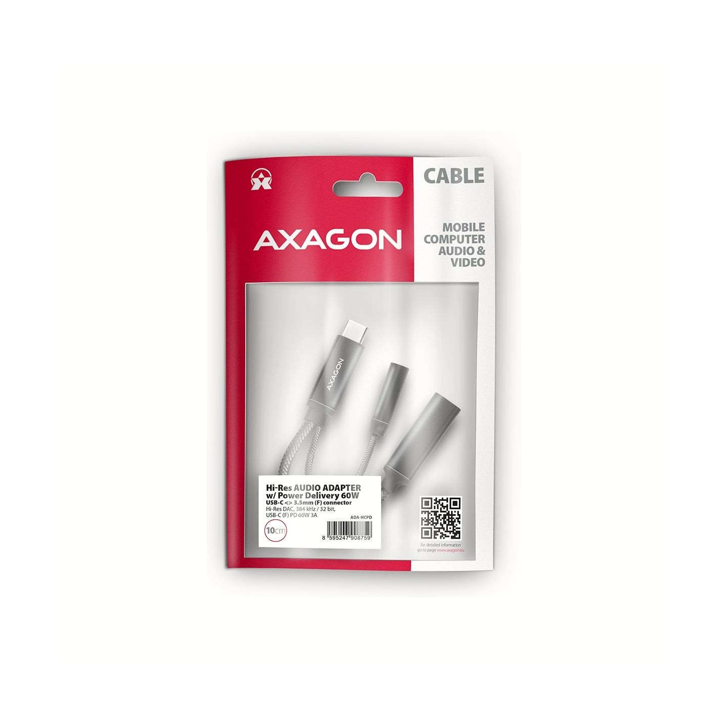 Axagon ADA-HCPD USB-C to 3.5mm jack - Hi-Res DAC audio adapter, 384kHz/32bit, PD 60W 3A