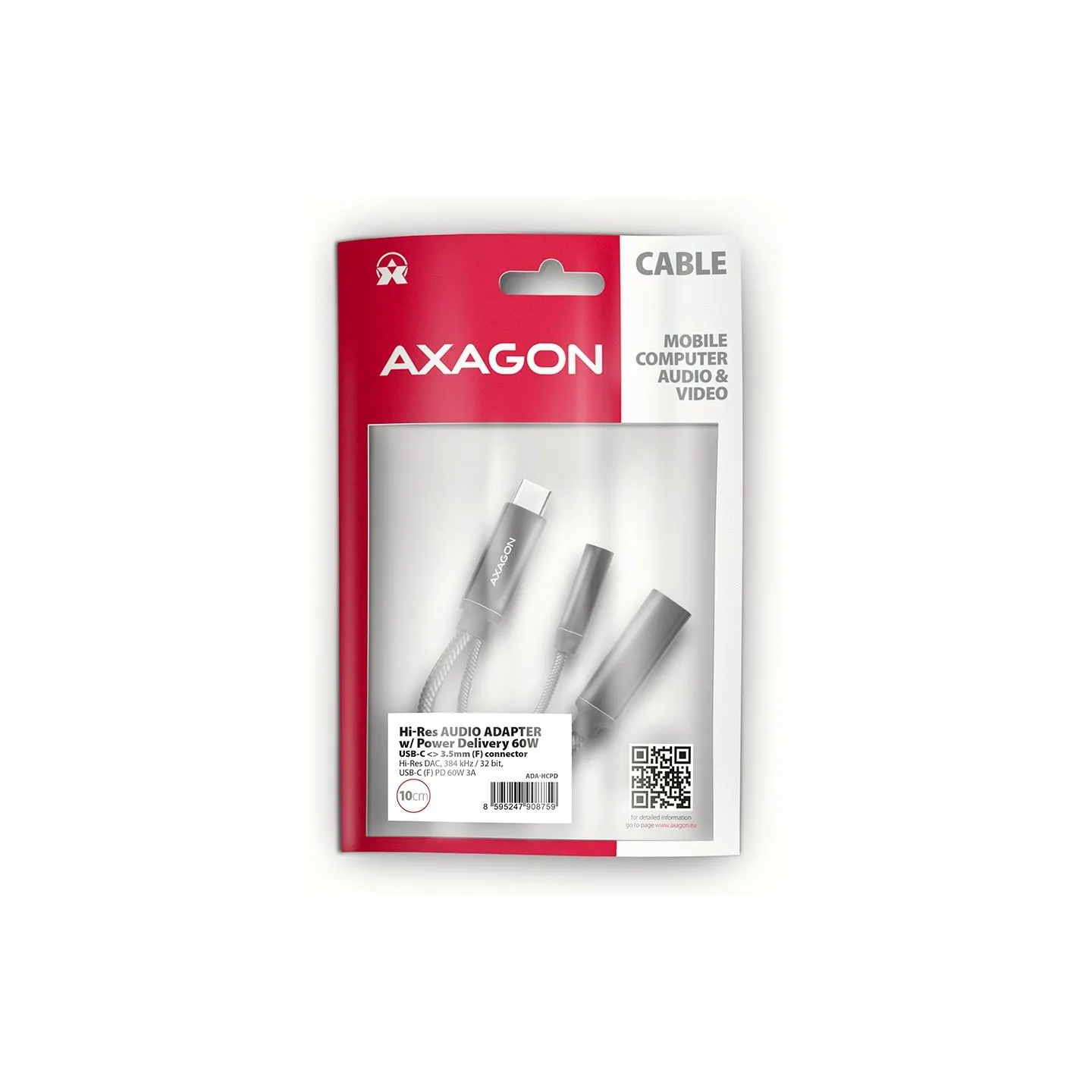 Axagon ADA-HCPD USB-C to 3.5mm jack - Hi-Res DAC audio adapter, 384kHz/32bit, PD 60W 3A