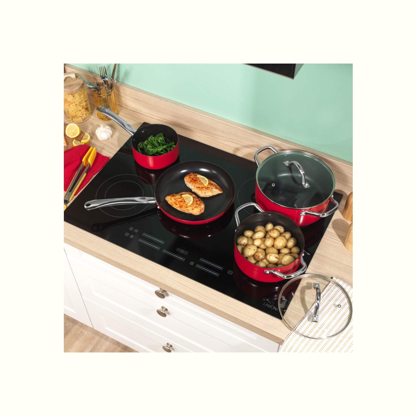 Russell Hobbs RH03821 Riviera 4-Piece Pan Set, Red