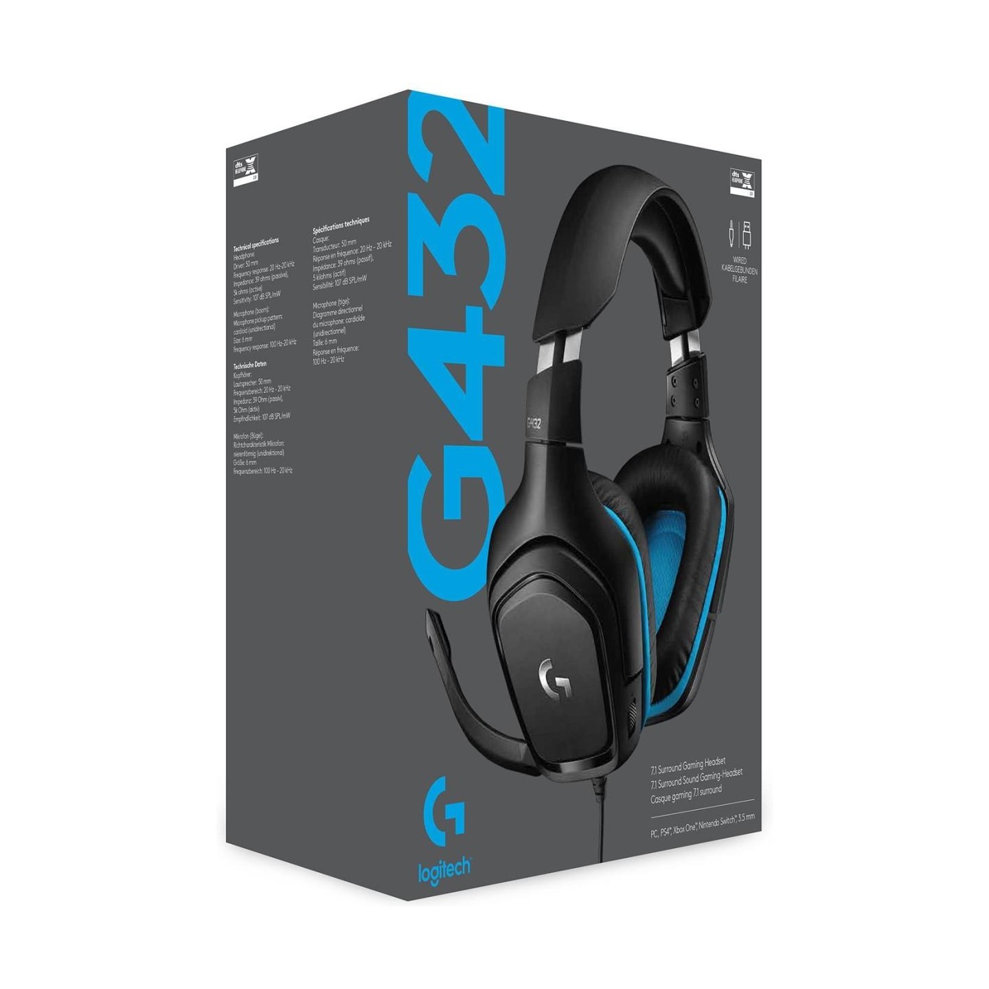 Logitech G432 Wired Gaming Headset 7.1 - LEATHERETTE - BLACK/BLUE - USB