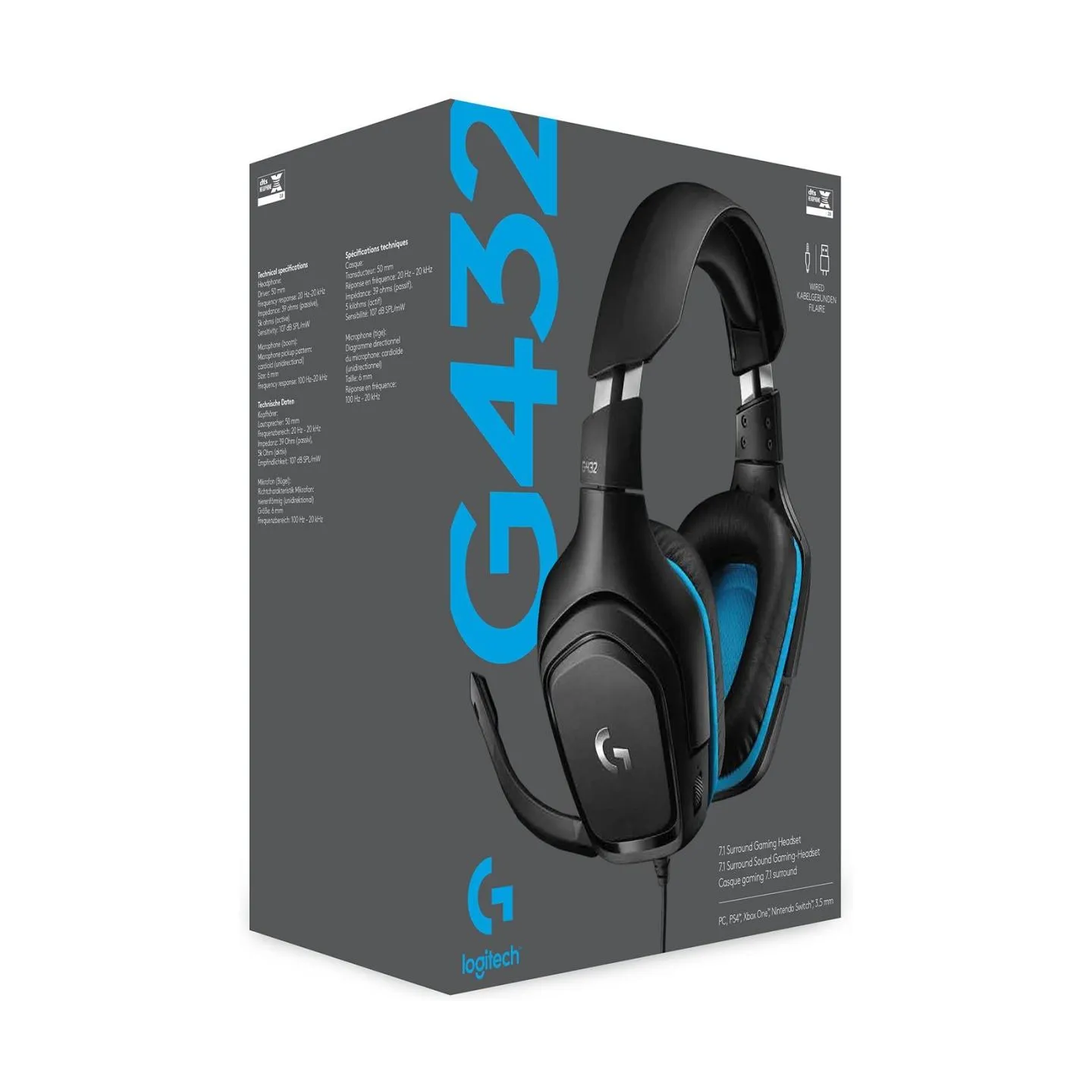 Logitech G432 Wired Gaming Headset 7.1 - LEATHERETTE - BLACK/BLUE - USB
