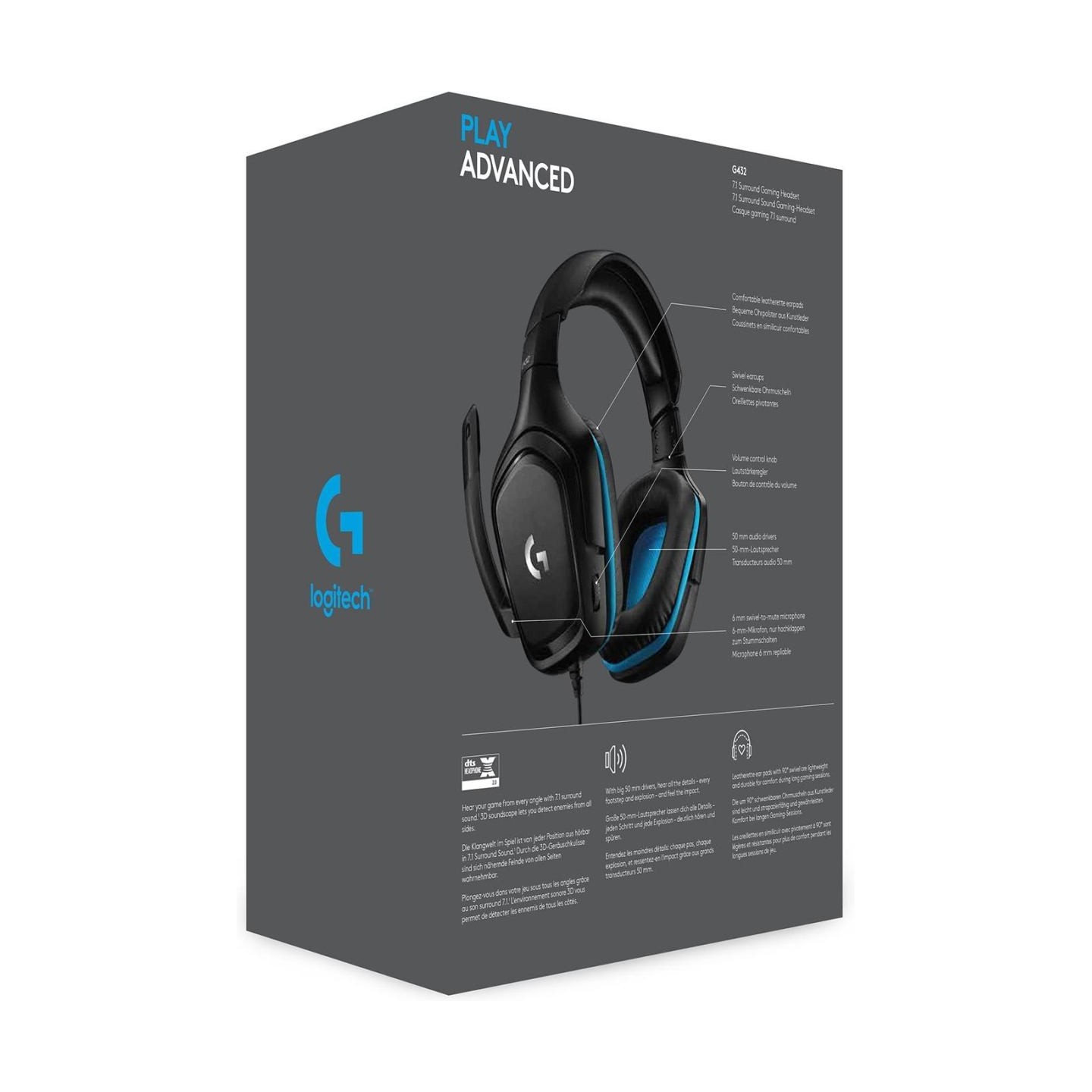 Logitech G432 Wired Gaming Headset 7.1 - LEATHERETTE - BLACK/BLUE - USB