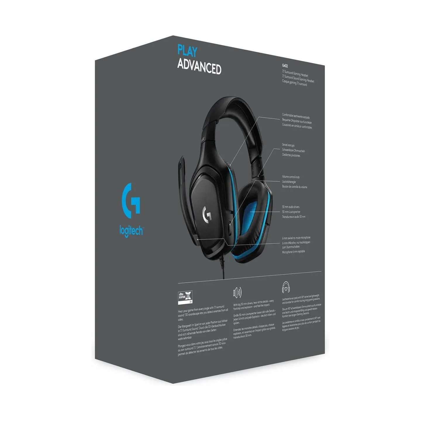 Logitech G432 Wired Gaming Headset 7.1 - LEATHERETTE - BLACK/BLUE - USB
