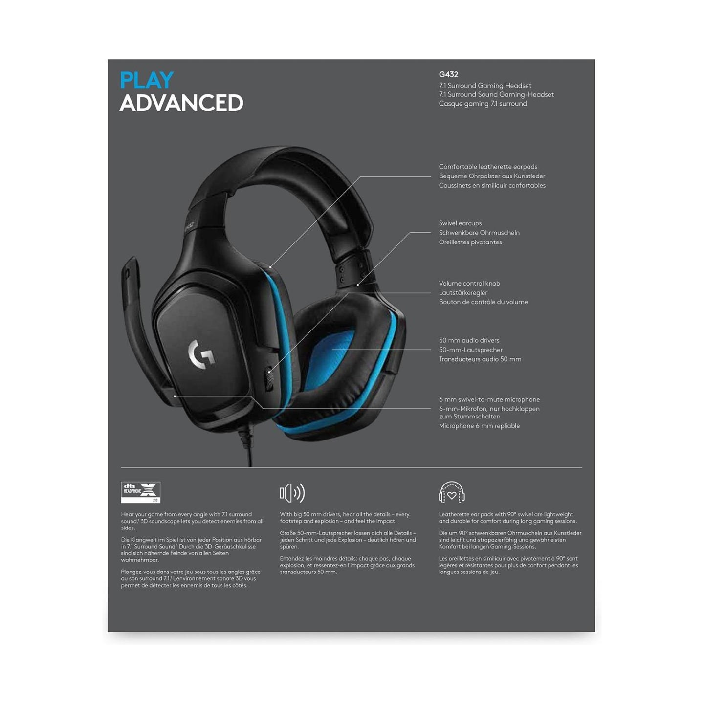 Logitech G432 Wired Gaming Headset 7.1 - LEATHERETTE - BLACK/BLUE - USB