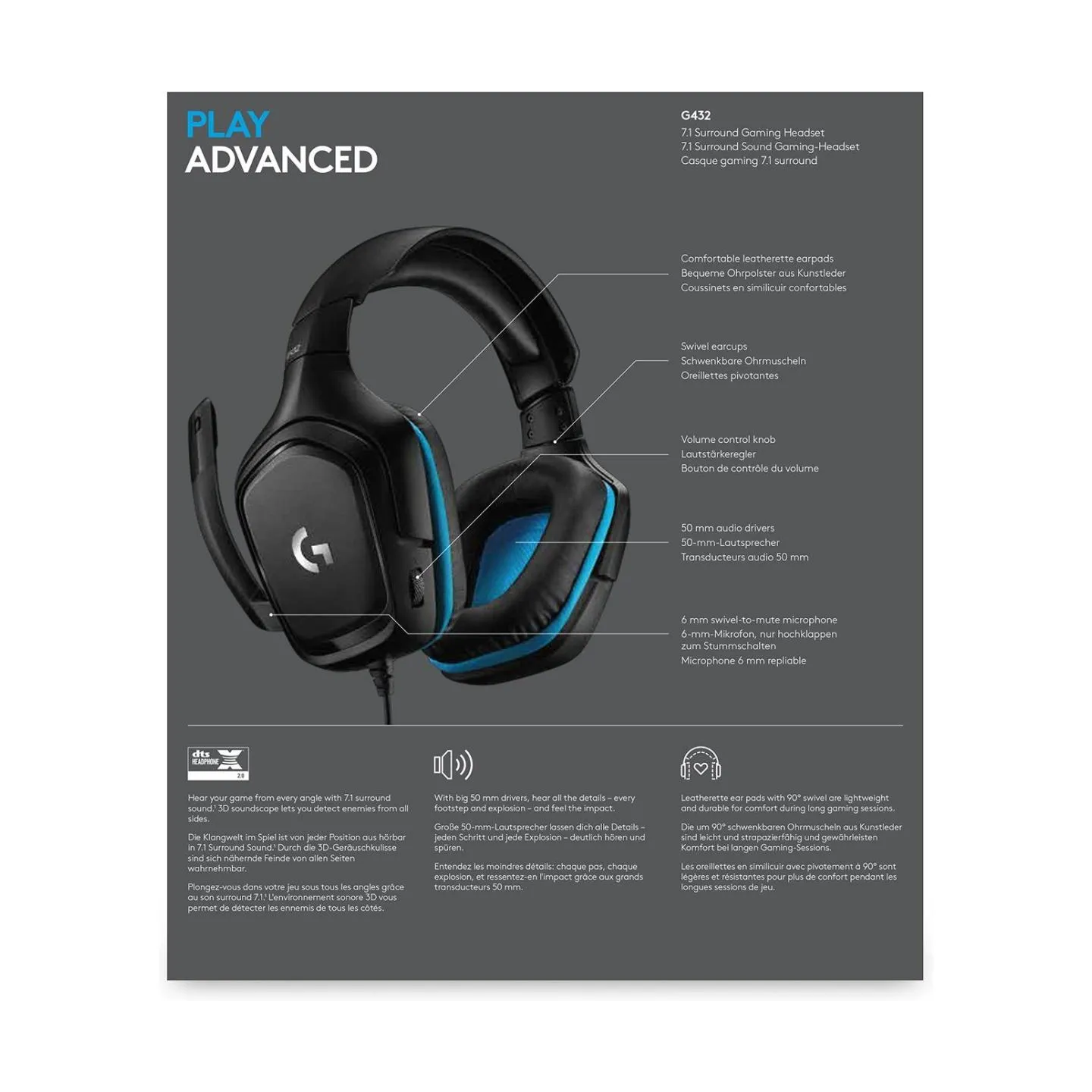 Logitech G432 Wired Gaming Headset 7.1 - LEATHERETTE - BLACK/BLUE - USB