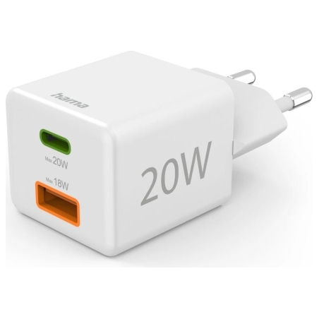 Hama 00201991 Fast Charger 1x USB-C 1x USB-A, Mini Charger, PD, 20W, White