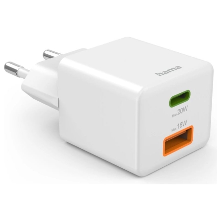Hama 00201991 Fast Charger 1x USB-C 1x USB-A, Mini Charger, PD, 20W, White