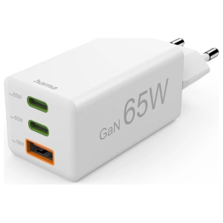 Hama 00201996 Fast Charger GaN, 2x USB-C, 1x USB-A, Mini Charger, PD, 65W, White