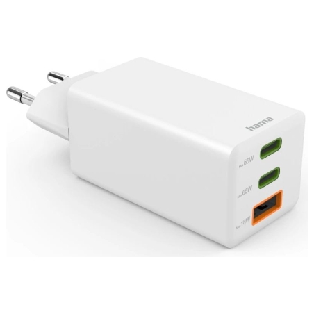 Hama 00201996 Fast Charger GaN, 2x USB-C, 1x USB-A, Mini Charger, PD, 65W, White