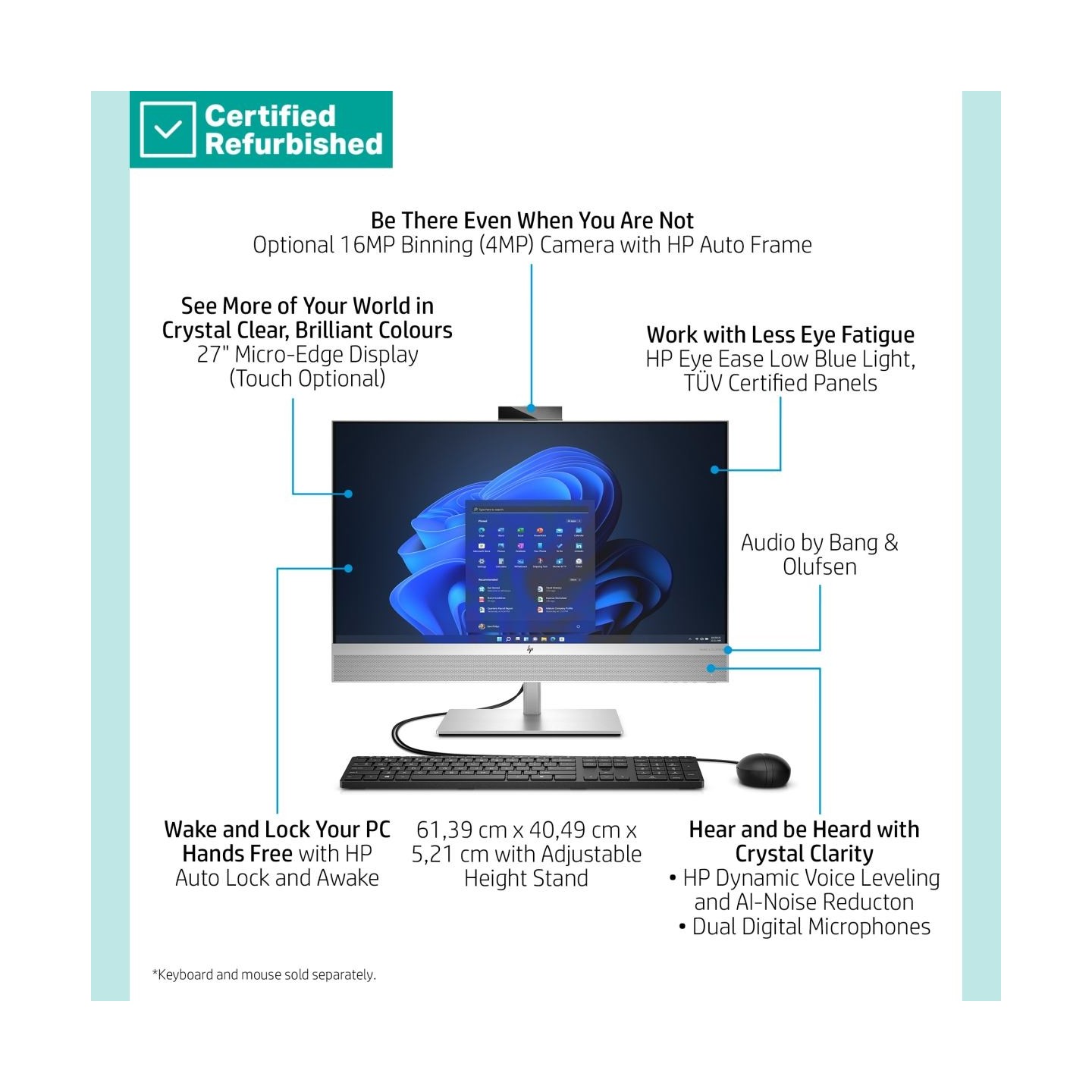 HP RENEW SILVER HP Elite 870 G9 AIO All-In-One 27 - i9-14900, 64GB, 2TB SSD, 27 QHD Non-Touch AG, Height Adjustable, USB Mouse, 