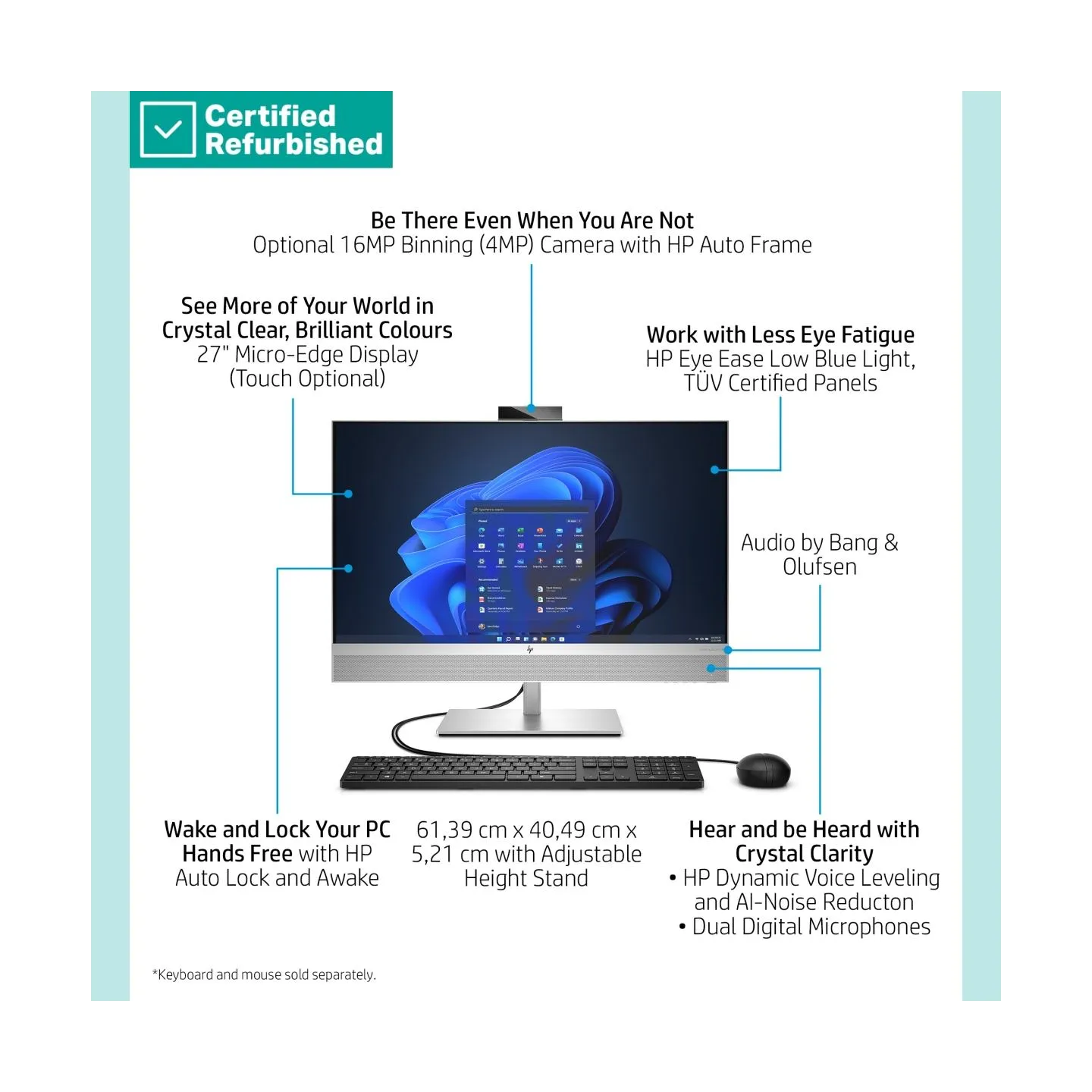 HP RENEW SILVER HP Elite 870 G9 AIO All-In-One 27 - i7-14700, 32GB, 1TB SSD, 27 QHD Non-Touch AG, USB Mouse, Height Adjustable, 