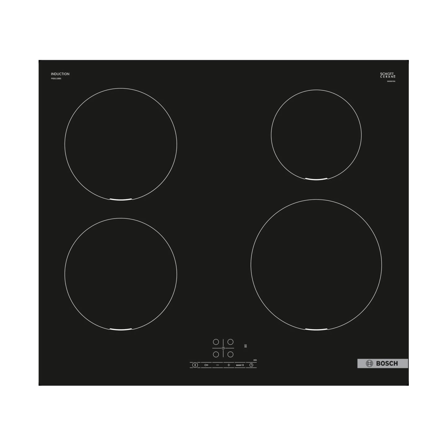 Bosch Hob | PIE611BB5E | Induction | Number of burners/cooking zones 4 | Touch | Timer | Black | Display
