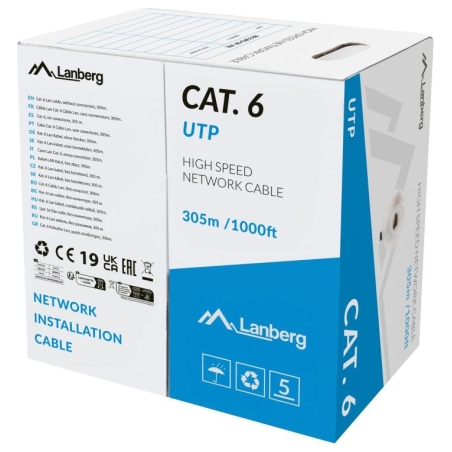 Lanberg Lan Cable Cat.6 UTP 305M Solid CU LSZH Grey CPR+ Fluke Passed | LCU6L-11CU-0305-S