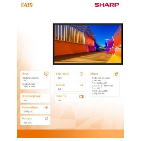 Sharp Monitor MultiSync E439 43 inches UHD 16/7 350cd/m2