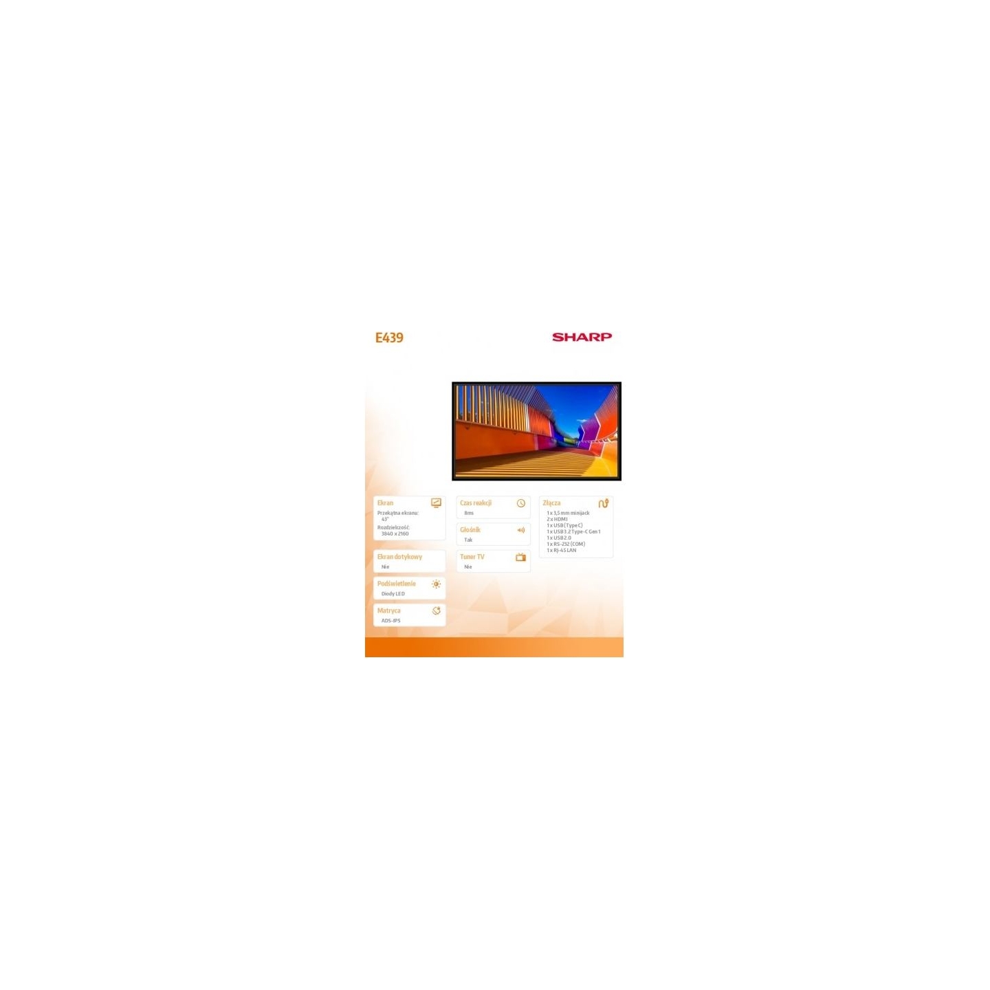 Sharp Monitor MultiSync E439 43 inches UHD 16/7 350cd/m2