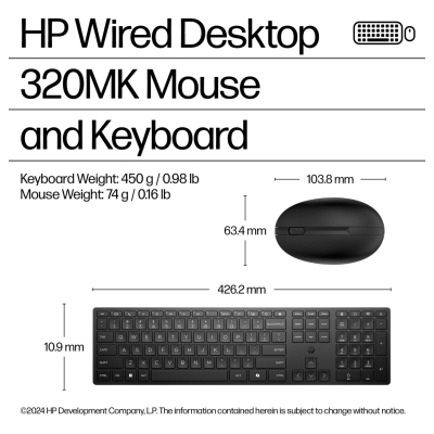 HP 320MK USB Wired Mouse Keyboard Combo, spill resistant – Black - US ENG / 9SR36UT#ABB