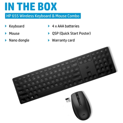 HP 655 Wireless Mouse Keyboard Combo, spill resistant - Black - US ENG / 4R009UT#ABB